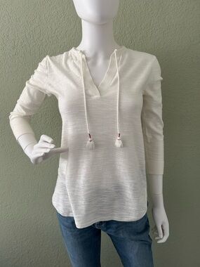 LOFT Cream Hooded Knit Top with Tassel Drawstrings